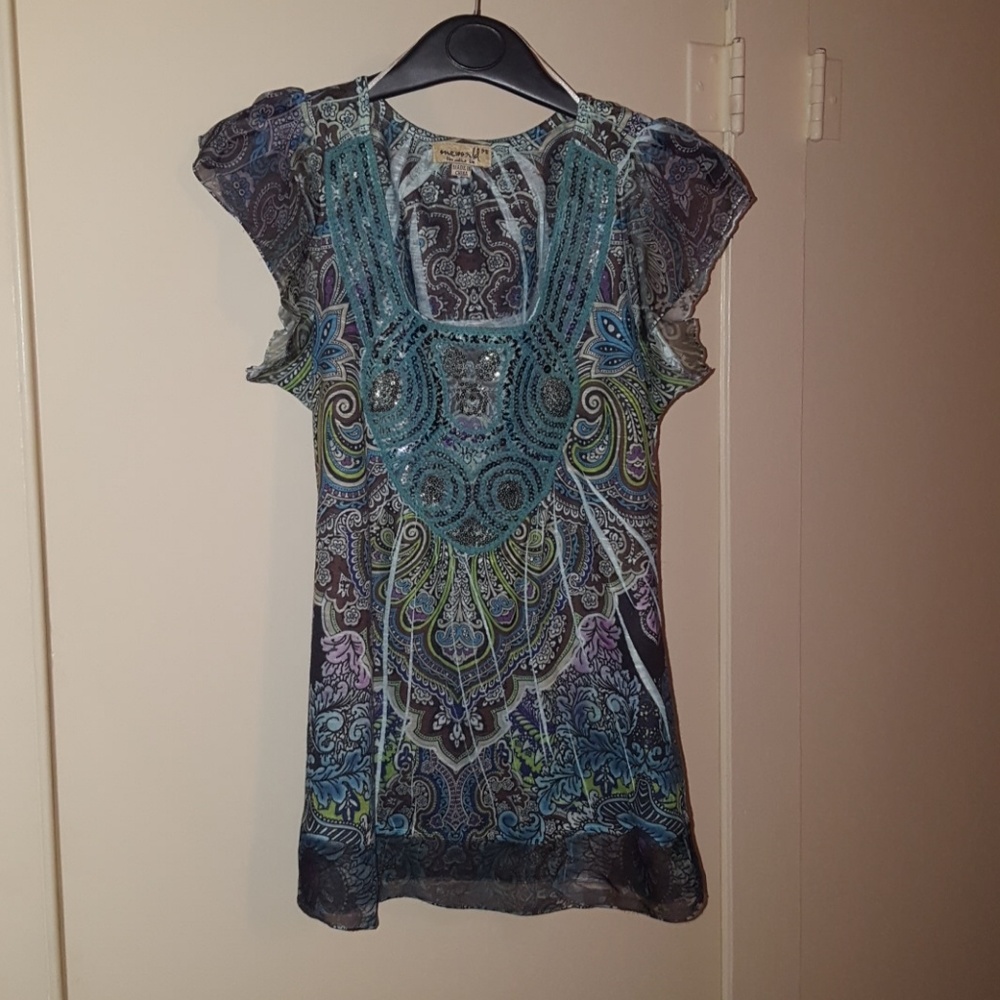 Turqoise print sleeveless  blouse